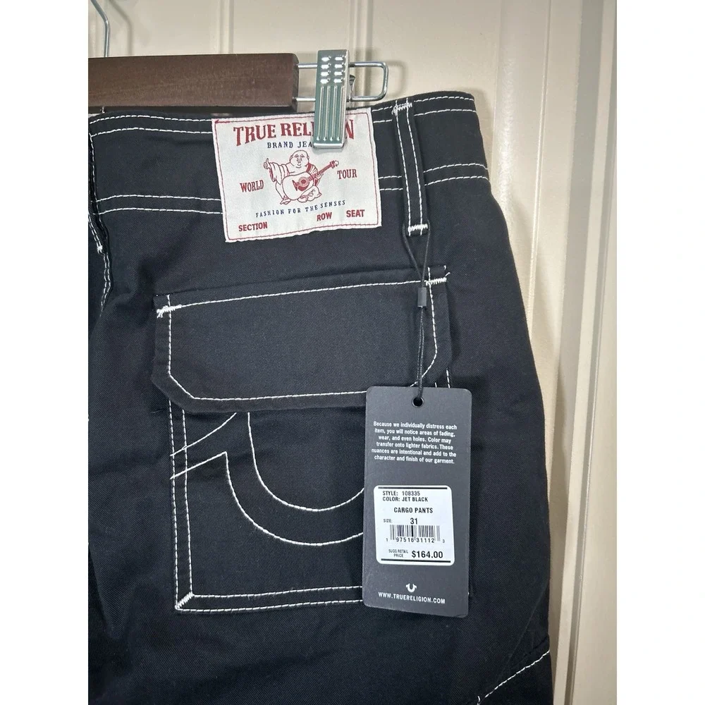 True Religion Men Baggy Cargo Pants Mens 31 Black White Bold Stitch Utility NWT